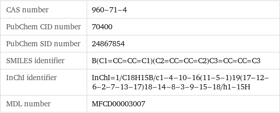 CAS number | 960-71-4 PubChem CID number | 70400 PubChem SID number | 24867854 SMILES identifier | B(C1=CC=CC=C1)(C2=CC=CC=C2)C3=CC=CC=C3 InChI identifier | InChI=1/C18H15B/c1-4-10-16(11-5-1)19(17-12-6-2-7-13-17)18-14-8-3-9-15-18/h1-15H MDL number | MFCD00003007