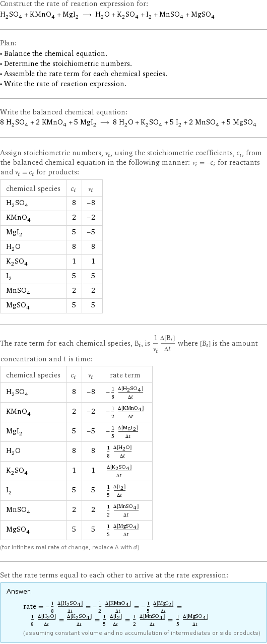 Construct the rate of reaction expression for: H_2SO_4 + KMnO_4 + MgI_2 ⟶ H_2O + K_2SO_4 + I_2 + MnSO_4 + MgSO_4 Plan: • Balance the chemical equation. • Determine the stoichiometric numbers. • Assemble the rate term for each chemical species. • Write the rate of reaction expression. Write the balanced chemical equation: 8 H_2SO_4 + 2 KMnO_4 + 5 MgI_2 ⟶ 8 H_2O + K_2SO_4 + 5 I_2 + 2 MnSO_4 + 5 MgSO_4 Assign stoichiometric numbers, ν_i, using the stoichiometric coefficients, c_i, from the balanced chemical equation in the following manner: ν_i = -c_i for reactants and ν_i = c_i for products: chemical species | c_i | ν_i H_2SO_4 | 8 | -8 KMnO_4 | 2 | -2 MgI_2 | 5 | -5 H_2O | 8 | 8 K_2SO_4 | 1 | 1 I_2 | 5 | 5 MnSO_4 | 2 | 2 MgSO_4 | 5 | 5 The rate term for each chemical species, B_i, is 1/ν_i(Δ[B_i])/(Δt) where [B_i] is the amount concentration and t is time: chemical species | c_i | ν_i | rate term H_2SO_4 | 8 | -8 | -1/8 (Δ[H2SO4])/(Δt) KMnO_4 | 2 | -2 | -1/2 (Δ[KMnO4])/(Δt) MgI_2 | 5 | -5 | -1/5 (Δ[MgI2])/(Δt) H_2O | 8 | 8 | 1/8 (Δ[H2O])/(Δt) K_2SO_4 | 1 | 1 | (Δ[K2SO4])/(Δt) I_2 | 5 | 5 | 1/5 (Δ[I2])/(Δt) MnSO_4 | 2 | 2 | 1/2 (Δ[MnSO4])/(Δt) MgSO_4 | 5 | 5 | 1/5 (Δ[MgSO4])/(Δt) (for infinitesimal rate of change, replace Δ with d) Set the rate terms equal to each other to arrive at the rate expression: Answer: |   | rate = -1/8 (Δ[H2SO4])/(Δt) = -1/2 (Δ[KMnO4])/(Δt) = -1/5 (Δ[MgI2])/(Δt) = 1/8 (Δ[H2O])/(Δt) = (Δ[K2SO4])/(Δt) = 1/5 (Δ[I2])/(Δt) = 1/2 (Δ[MnSO4])/(Δt) = 1/5 (Δ[MgSO4])/(Δt) (assuming constant volume and no accumulation of intermediates or side products)