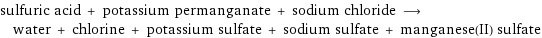 sulfuric acid + potassium permanganate + sodium chloride ⟶ water + chlorine + potassium sulfate + sodium sulfate + manganese(II) sulfate