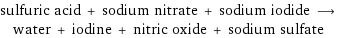 sulfuric acid + sodium nitrate + sodium iodide ⟶ water + iodine + nitric oxide + sodium sulfate