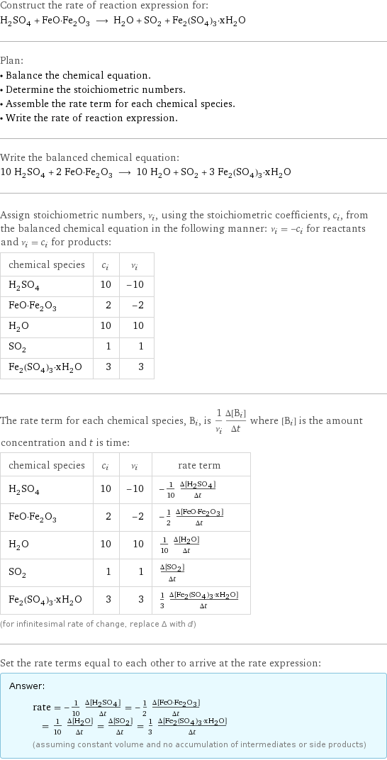 Construct the rate of reaction expression for: H_2SO_4 + FeO·Fe_2O_3 ⟶ H_2O + SO_2 + Fe_2(SO_4)_3·xH_2O Plan: • Balance the chemical equation. • Determine the stoichiometric numbers. • Assemble the rate term for each chemical species. • Write the rate of reaction expression. Write the balanced chemical equation: 10 H_2SO_4 + 2 FeO·Fe_2O_3 ⟶ 10 H_2O + SO_2 + 3 Fe_2(SO_4)_3·xH_2O Assign stoichiometric numbers, ν_i, using the stoichiometric coefficients, c_i, from the balanced chemical equation in the following manner: ν_i = -c_i for reactants and ν_i = c_i for products: chemical species | c_i | ν_i H_2SO_4 | 10 | -10 FeO·Fe_2O_3 | 2 | -2 H_2O | 10 | 10 SO_2 | 1 | 1 Fe_2(SO_4)_3·xH_2O | 3 | 3 The rate term for each chemical species, B_i, is 1/ν_i(Δ[B_i])/(Δt) where [B_i] is the amount concentration and t is time: chemical species | c_i | ν_i | rate term H_2SO_4 | 10 | -10 | -1/10 (Δ[H2SO4])/(Δt) FeO·Fe_2O_3 | 2 | -2 | -1/2 (Δ[FeO·Fe2O3])/(Δt) H_2O | 10 | 10 | 1/10 (Δ[H2O])/(Δt) SO_2 | 1 | 1 | (Δ[SO2])/(Δt) Fe_2(SO_4)_3·xH_2O | 3 | 3 | 1/3 (Δ[Fe2(SO4)3·xH2O])/(Δt) (for infinitesimal rate of change, replace Δ with d) Set the rate terms equal to each other to arrive at the rate expression: Answer: |   | rate = -1/10 (Δ[H2SO4])/(Δt) = -1/2 (Δ[FeO·Fe2O3])/(Δt) = 1/10 (Δ[H2O])/(Δt) = (Δ[SO2])/(Δt) = 1/3 (Δ[Fe2(SO4)3·xH2O])/(Δt) (assuming constant volume and no accumulation of intermediates or side products)