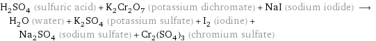 H_2SO_4 (sulfuric acid) + K_2Cr_2O_7 (potassium dichromate) + NaI (sodium iodide) ⟶ H_2O (water) + K_2SO_4 (potassium sulfate) + I_2 (iodine) + Na_2SO_4 (sodium sulfate) + Cr_2(SO_4)_3 (chromium sulfate)