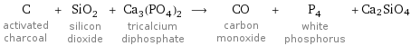 C activated charcoal + SiO_2 silicon dioxide + Ca_3(PO_4)_2 tricalcium diphosphate ⟶ CO carbon monoxide + P_4 white phosphorus + Ca2SiO4