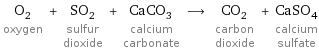 O_2 oxygen + SO_2 sulfur dioxide + CaCO_3 calcium carbonate ⟶ CO_2 carbon dioxide + CaSO_4 calcium sulfate