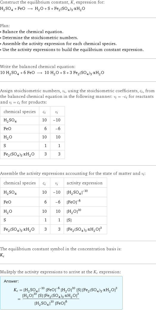 Construct the equilibrium constant, K, expression for: H_2SO_4 + FeO ⟶ H_2O + S + Fe_2(SO_4)_3·xH_2O Plan: • Balance the chemical equation. • Determine the stoichiometric numbers. • Assemble the activity expression for each chemical species. • Use the activity expressions to build the equilibrium constant expression. Write the balanced chemical equation: 10 H_2SO_4 + 6 FeO ⟶ 10 H_2O + S + 3 Fe_2(SO_4)_3·xH_2O Assign stoichiometric numbers, ν_i, using the stoichiometric coefficients, c_i, from the balanced chemical equation in the following manner: ν_i = -c_i for reactants and ν_i = c_i for products: chemical species | c_i | ν_i H_2SO_4 | 10 | -10 FeO | 6 | -6 H_2O | 10 | 10 S | 1 | 1 Fe_2(SO_4)_3·xH_2O | 3 | 3 Assemble the activity expressions accounting for the state of matter and ν_i: chemical species | c_i | ν_i | activity expression H_2SO_4 | 10 | -10 | ([H2SO4])^(-10) FeO | 6 | -6 | ([FeO])^(-6) H_2O | 10 | 10 | ([H2O])^10 S | 1 | 1 | [S] Fe_2(SO_4)_3·xH_2O | 3 | 3 | ([Fe2(SO4)3·xH2O])^3 The equilibrium constant symbol in the concentration basis is: K_c Mulitply the activity expressions to arrive at the K_c expression: Answer: |   | K_c = ([H2SO4])^(-10) ([FeO])^(-6) ([H2O])^10 [S] ([Fe2(SO4)3·xH2O])^3 = (([H2O])^10 [S] ([Fe2(SO4)3·xH2O])^3)/(([H2SO4])^10 ([FeO])^6)