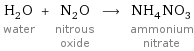 H_2O water + N_2O nitrous oxide ⟶ NH_4NO_3 ammonium nitrate