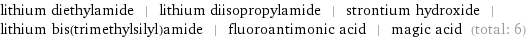 lithium diethylamide | lithium diisopropylamide | strontium hydroxide | lithium bis(trimethylsilyl)amide | fluoroantimonic acid | magic acid (total: 6)