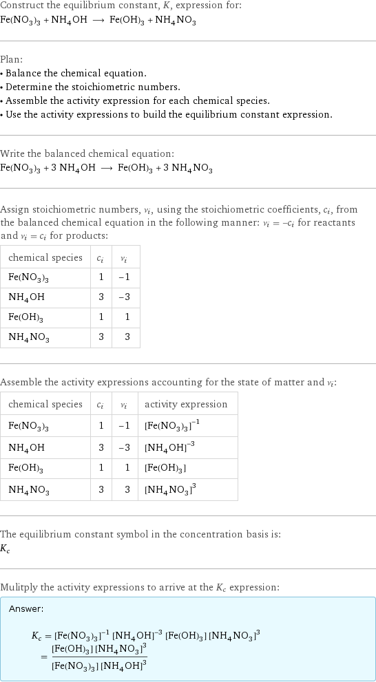 Construct the equilibrium constant, K, expression for: Fe(NO_3)_3 + NH_4OH ⟶ Fe(OH)_3 + NH_4NO_3 Plan: • Balance the chemical equation. • Determine the stoichiometric numbers. • Assemble the activity expression for each chemical species. • Use the activity expressions to build the equilibrium constant expression. Write the balanced chemical equation: Fe(NO_3)_3 + 3 NH_4OH ⟶ Fe(OH)_3 + 3 NH_4NO_3 Assign stoichiometric numbers, ν_i, using the stoichiometric coefficients, c_i, from the balanced chemical equation in the following manner: ν_i = -c_i for reactants and ν_i = c_i for products: chemical species | c_i | ν_i Fe(NO_3)_3 | 1 | -1 NH_4OH | 3 | -3 Fe(OH)_3 | 1 | 1 NH_4NO_3 | 3 | 3 Assemble the activity expressions accounting for the state of matter and ν_i: chemical species | c_i | ν_i | activity expression Fe(NO_3)_3 | 1 | -1 | ([Fe(NO3)3])^(-1) NH_4OH | 3 | -3 | ([NH4OH])^(-3) Fe(OH)_3 | 1 | 1 | [Fe(OH)3] NH_4NO_3 | 3 | 3 | ([NH4NO3])^3 The equilibrium constant symbol in the concentration basis is: K_c Mulitply the activity expressions to arrive at the K_c expression: Answer: |   | K_c = ([Fe(NO3)3])^(-1) ([NH4OH])^(-3) [Fe(OH)3] ([NH4NO3])^3 = ([Fe(OH)3] ([NH4NO3])^3)/([Fe(NO3)3] ([NH4OH])^3)