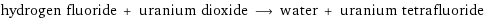 hydrogen fluoride + uranium dioxide ⟶ water + uranium tetrafluoride