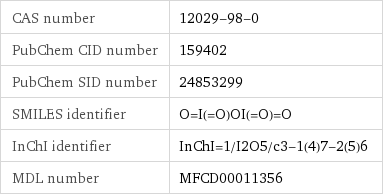 CAS number | 12029-98-0 PubChem CID number | 159402 PubChem SID number | 24853299 SMILES identifier | O=I(=O)OI(=O)=O InChI identifier | InChI=1/I2O5/c3-1(4)7-2(5)6 MDL number | MFCD00011356