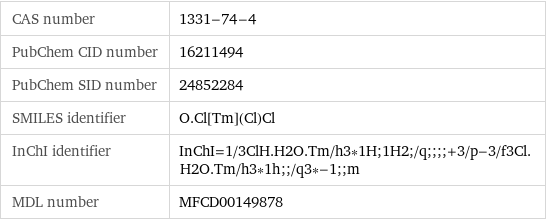CAS number | 1331-74-4 PubChem CID number | 16211494 PubChem SID number | 24852284 SMILES identifier | O.Cl[Tm](Cl)Cl InChI identifier | InChI=1/3ClH.H2O.Tm/h3*1H;1H2;/q;;;;+3/p-3/f3Cl.H2O.Tm/h3*1h;;/q3*-1;;m MDL number | MFCD00149878