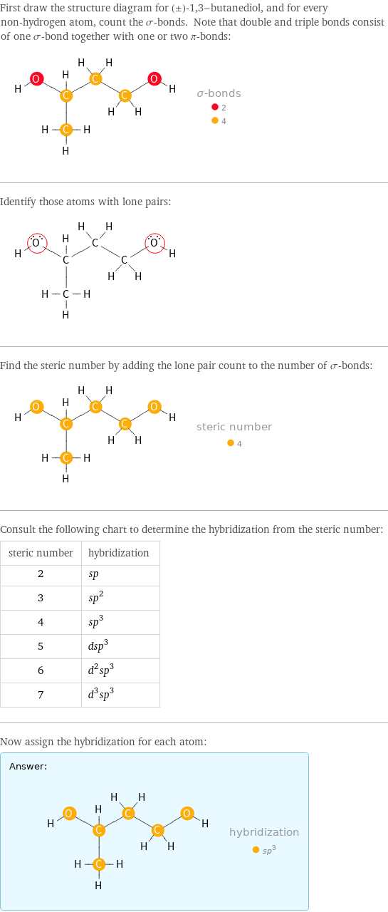 First draw the structure diagram for (±)-1, 3-butanediol, and for every non-hydrogen atom, count the σ-bonds. Note that double and triple bonds consist of one σ-bond together with one or two π-bonds:  Identify those atoms with lone pairs:  Find the steric number by adding the lone pair count to the number of σ-bonds:  Consult the following chart to determine the hybridization from the steric number: steric number | hybridization 2 | sp 3 | sp^2 4 | sp^3 5 | dsp^3 6 | d^2sp^3 7 | d^3sp^3 Now assign the hybridization for each atom: Answer: |   | 