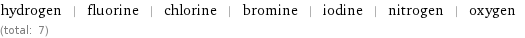 hydrogen | fluorine | chlorine | bromine | iodine | nitrogen | oxygen (total: 7)