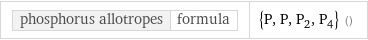 phosphorus allotropes | formula | {P, P, P_2, P_4} ()