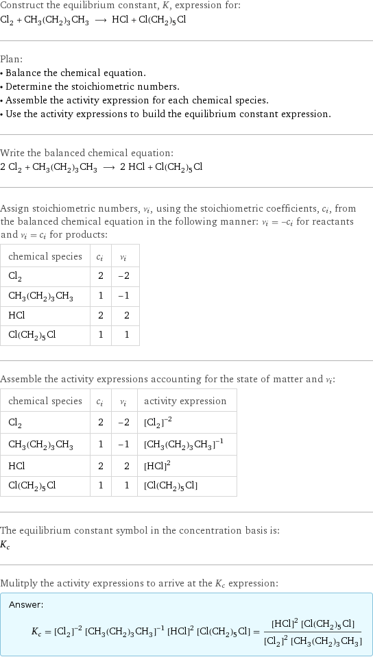 Construct the equilibrium constant, K, expression for: Cl_2 + CH_3(CH_2)_3CH_3 ⟶ HCl + Cl(CH_2)_5Cl Plan: • Balance the chemical equation. • Determine the stoichiometric numbers. • Assemble the activity expression for each chemical species. • Use the activity expressions to build the equilibrium constant expression. Write the balanced chemical equation: 2 Cl_2 + CH_3(CH_2)_3CH_3 ⟶ 2 HCl + Cl(CH_2)_5Cl Assign stoichiometric numbers, ν_i, using the stoichiometric coefficients, c_i, from the balanced chemical equation in the following manner: ν_i = -c_i for reactants and ν_i = c_i for products: chemical species | c_i | ν_i Cl_2 | 2 | -2 CH_3(CH_2)_3CH_3 | 1 | -1 HCl | 2 | 2 Cl(CH_2)_5Cl | 1 | 1 Assemble the activity expressions accounting for the state of matter and ν_i: chemical species | c_i | ν_i | activity expression Cl_2 | 2 | -2 | ([Cl2])^(-2) CH_3(CH_2)_3CH_3 | 1 | -1 | ([CH3(CH2)3CH3])^(-1) HCl | 2 | 2 | ([HCl])^2 Cl(CH_2)_5Cl | 1 | 1 | [Cl(CH2)5Cl] The equilibrium constant symbol in the concentration basis is: K_c Mulitply the activity expressions to arrive at the K_c expression: Answer: |   | K_c = ([Cl2])^(-2) ([CH3(CH2)3CH3])^(-1) ([HCl])^2 [Cl(CH2)5Cl] = (([HCl])^2 [Cl(CH2)5Cl])/(([Cl2])^2 [CH3(CH2)3CH3])