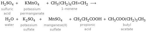 H_2SO_4 sulfuric acid + KMnO_4 potassium permanganate + CH_3(CH_2)_6CH=CH_2 1-nonene ⟶ H_2O water + K_2SO_4 potassium sulfate + MnSO_4 manganese(II) sulfate + CH_3CH_2COOH propionic acid + CH_3COO(CH_2)_3CH_3 butyl acetate