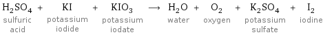 H_2SO_4 sulfuric acid + KI potassium iodide + KIO_3 potassium iodate ⟶ H_2O water + O_2 oxygen + K_2SO_4 potassium sulfate + I_2 iodine