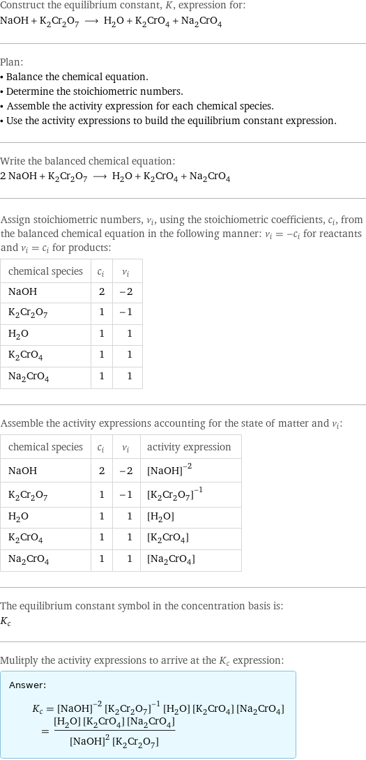 Construct the equilibrium constant, K, expression for: NaOH + K_2Cr_2O_7 ⟶ H_2O + K_2CrO_4 + Na_2CrO_4 Plan: • Balance the chemical equation. • Determine the stoichiometric numbers. • Assemble the activity expression for each chemical species. • Use the activity expressions to build the equilibrium constant expression. Write the balanced chemical equation: 2 NaOH + K_2Cr_2O_7 ⟶ H_2O + K_2CrO_4 + Na_2CrO_4 Assign stoichiometric numbers, ν_i, using the stoichiometric coefficients, c_i, from the balanced chemical equation in the following manner: ν_i = -c_i for reactants and ν_i = c_i for products: chemical species | c_i | ν_i NaOH | 2 | -2 K_2Cr_2O_7 | 1 | -1 H_2O | 1 | 1 K_2CrO_4 | 1 | 1 Na_2CrO_4 | 1 | 1 Assemble the activity expressions accounting for the state of matter and ν_i: chemical species | c_i | ν_i | activity expression NaOH | 2 | -2 | ([NaOH])^(-2) K_2Cr_2O_7 | 1 | -1 | ([K2Cr2O7])^(-1) H_2O | 1 | 1 | [H2O] K_2CrO_4 | 1 | 1 | [K2CrO4] Na_2CrO_4 | 1 | 1 | [Na2CrO4] The equilibrium constant symbol in the concentration basis is: K_c Mulitply the activity expressions to arrive at the K_c expression: Answer: |   | K_c = ([NaOH])^(-2) ([K2Cr2O7])^(-1) [H2O] [K2CrO4] [Na2CrO4] = ([H2O] [K2CrO4] [Na2CrO4])/(([NaOH])^2 [K2Cr2O7])
