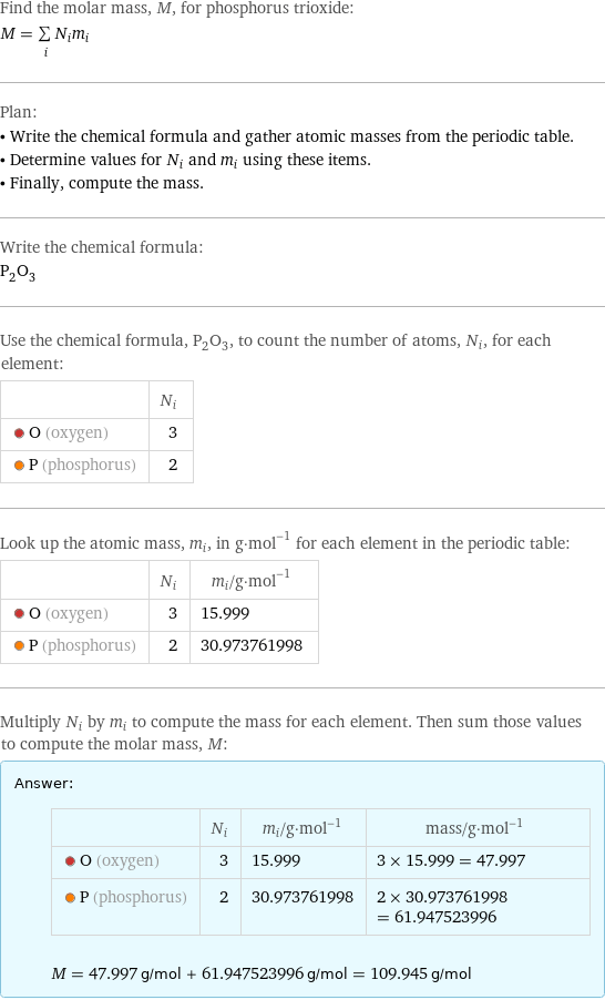 Find the molar mass, M, for phosphorus trioxide: M = sum _iN_im_i Plan: • Write the chemical formula and gather atomic masses from the periodic table. • Determine values for N_i and m_i using these items. • Finally, compute the mass. Write the chemical formula: P_2O_3 Use the chemical formula, P_2O_3, to count the number of atoms, N_i, for each element:  | N_i  O (oxygen) | 3  P (phosphorus) | 2 Look up the atomic mass, m_i, in g·mol^(-1) for each element in the periodic table:  | N_i | m_i/g·mol^(-1)  O (oxygen) | 3 | 15.999  P (phosphorus) | 2 | 30.973761998 Multiply N_i by m_i to compute the mass for each element. Then sum those values to compute the molar mass, M: Answer: |   | | N_i | m_i/g·mol^(-1) | mass/g·mol^(-1)  O (oxygen) | 3 | 15.999 | 3 × 15.999 = 47.997  P (phosphorus) | 2 | 30.973761998 | 2 × 30.973761998 = 61.947523996  M = 47.997 g/mol + 61.947523996 g/mol = 109.945 g/mol