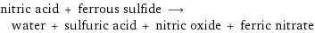 nitric acid + ferrous sulfide ⟶ water + sulfuric acid + nitric oxide + ferric nitrate