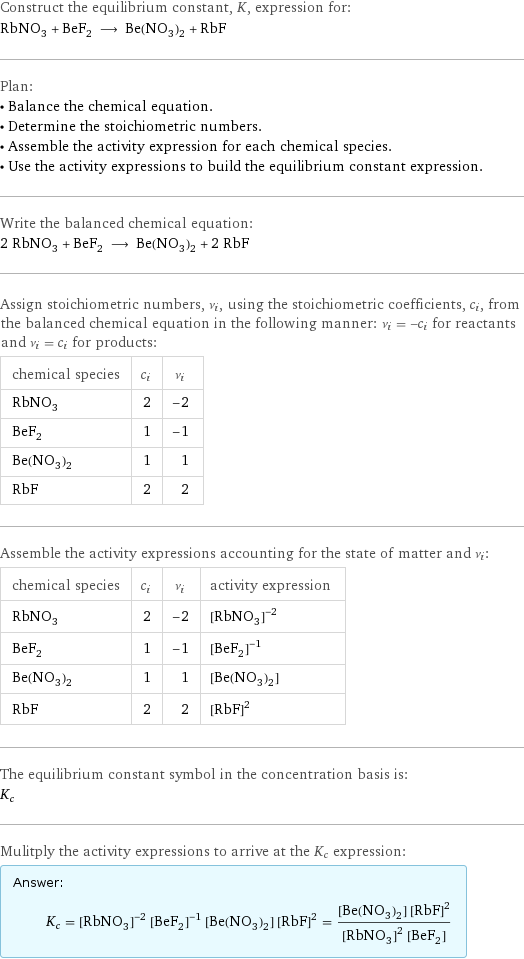 Construct the equilibrium constant, K, expression for: RbNO_3 + BeF_2 ⟶ Be(NO_3)_2 + RbF Plan: • Balance the chemical equation. • Determine the stoichiometric numbers. • Assemble the activity expression for each chemical species. • Use the activity expressions to build the equilibrium constant expression. Write the balanced chemical equation: 2 RbNO_3 + BeF_2 ⟶ Be(NO_3)_2 + 2 RbF Assign stoichiometric numbers, ν_i, using the stoichiometric coefficients, c_i, from the balanced chemical equation in the following manner: ν_i = -c_i for reactants and ν_i = c_i for products: chemical species | c_i | ν_i RbNO_3 | 2 | -2 BeF_2 | 1 | -1 Be(NO_3)_2 | 1 | 1 RbF | 2 | 2 Assemble the activity expressions accounting for the state of matter and ν_i: chemical species | c_i | ν_i | activity expression RbNO_3 | 2 | -2 | ([RbNO3])^(-2) BeF_2 | 1 | -1 | ([BeF2])^(-1) Be(NO_3)_2 | 1 | 1 | [Be(NO3)2] RbF | 2 | 2 | ([RbF])^2 The equilibrium constant symbol in the concentration basis is: K_c Mulitply the activity expressions to arrive at the K_c expression: Answer: |   | K_c = ([RbNO3])^(-2) ([BeF2])^(-1) [Be(NO3)2] ([RbF])^2 = ([Be(NO3)2] ([RbF])^2)/(([RbNO3])^2 [BeF2])