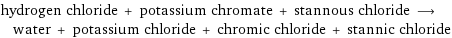 hydrogen chloride + potassium chromate + stannous chloride ⟶ water + potassium chloride + chromic chloride + stannic chloride