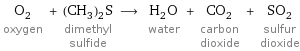 O_2 oxygen + (CH_3)_2S dimethyl sulfide ⟶ H_2O water + CO_2 carbon dioxide + SO_2 sulfur dioxide