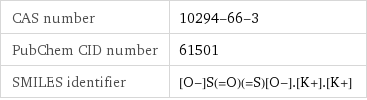 CAS number | 10294-66-3 PubChem CID number | 61501 SMILES identifier | [O-]S(=O)(=S)[O-].[K+].[K+]