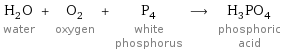 H_2O water + O_2 oxygen + P_4 white phosphorus ⟶ H_3PO_4 phosphoric acid