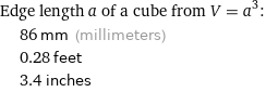 Edge length a of a cube from V = a^3:  | 86 mm (millimeters)  | 0.28 feet  | 3.4 inches