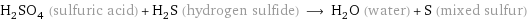 H_2SO_4 (sulfuric acid) + H_2S (hydrogen sulfide) ⟶ H_2O (water) + S (mixed sulfur)