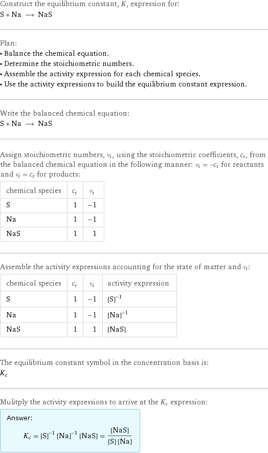 Construct the equilibrium constant, K, expression for: S + Na ⟶ NaS Plan: • Balance the chemical equation. • Determine the stoichiometric numbers. • Assemble the activity expression for each chemical species. • Use the activity expressions to build the equilibrium constant expression. Write the balanced chemical equation: S + Na ⟶ NaS Assign stoichiometric numbers, ν_i, using the stoichiometric coefficients, c_i, from the balanced chemical equation in the following manner: ν_i = -c_i for reactants and ν_i = c_i for products: chemical species | c_i | ν_i S | 1 | -1 Na | 1 | -1 NaS | 1 | 1 Assemble the activity expressions accounting for the state of matter and ν_i: chemical species | c_i | ν_i | activity expression S | 1 | -1 | ([S])^(-1) Na | 1 | -1 | ([Na])^(-1) NaS | 1 | 1 | [NaS] The equilibrium constant symbol in the concentration basis is: K_c Mulitply the activity expressions to arrive at the K_c expression: Answer: |   | K_c = ([S])^(-1) ([Na])^(-1) [NaS] = ([NaS])/([S] [Na])