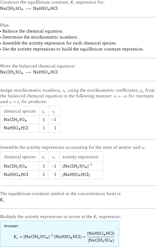 Construct the equilibrium constant, K, expression for: NaClH2SO4 ⟶ NaHSO4HCl Plan: • Balance the chemical equation. • Determine the stoichiometric numbers. • Assemble the activity expression for each chemical species. • Use the activity expressions to build the equilibrium constant expression. Write the balanced chemical equation: NaClH2SO4 ⟶ NaHSO4HCl Assign stoichiometric numbers, ν_i, using the stoichiometric coefficients, c_i, from the balanced chemical equation in the following manner: ν_i = -c_i for reactants and ν_i = c_i for products: chemical species | c_i | ν_i NaClH2SO4 | 1 | -1 NaHSO4HCl | 1 | 1 Assemble the activity expressions accounting for the state of matter and ν_i: chemical species | c_i | ν_i | activity expression NaClH2SO4 | 1 | -1 | ([NaClH2SO4])^(-1) NaHSO4HCl | 1 | 1 | [NaHSO4HCl] The equilibrium constant symbol in the concentration basis is: K_c Mulitply the activity expressions to arrive at the K_c expression: Answer: |   | K_c = ([NaClH2SO4])^(-1) [NaHSO4HCl] = ([NaHSO4HCl])/([NaClH2SO4])