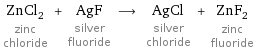 ZnCl_2 zinc chloride + AgF silver fluoride ⟶ AgCl silver chloride + ZnF_2 zinc fluoride