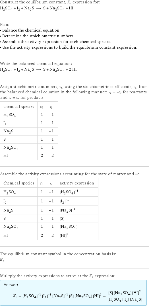 Construct the equilibrium constant, K, expression for: H_2SO_4 + I_2 + Na_2S ⟶ S + Na_2SO_4 + HI Plan: • Balance the chemical equation. • Determine the stoichiometric numbers. • Assemble the activity expression for each chemical species. • Use the activity expressions to build the equilibrium constant expression. Write the balanced chemical equation: H_2SO_4 + I_2 + Na_2S ⟶ S + Na_2SO_4 + 2 HI Assign stoichiometric numbers, ν_i, using the stoichiometric coefficients, c_i, from the balanced chemical equation in the following manner: ν_i = -c_i for reactants and ν_i = c_i for products: chemical species | c_i | ν_i H_2SO_4 | 1 | -1 I_2 | 1 | -1 Na_2S | 1 | -1 S | 1 | 1 Na_2SO_4 | 1 | 1 HI | 2 | 2 Assemble the activity expressions accounting for the state of matter and ν_i: chemical species | c_i | ν_i | activity expression H_2SO_4 | 1 | -1 | ([H2SO4])^(-1) I_2 | 1 | -1 | ([I2])^(-1) Na_2S | 1 | -1 | ([Na2S])^(-1) S | 1 | 1 | [S] Na_2SO_4 | 1 | 1 | [Na2SO4] HI | 2 | 2 | ([HI])^2 The equilibrium constant symbol in the concentration basis is: K_c Mulitply the activity expressions to arrive at the K_c expression: Answer: |   | K_c = ([H2SO4])^(-1) ([I2])^(-1) ([Na2S])^(-1) [S] [Na2SO4] ([HI])^2 = ([S] [Na2SO4] ([HI])^2)/([H2SO4] [I2] [Na2S])