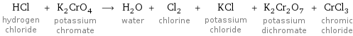 HCl hydrogen chloride + K_2CrO_4 potassium chromate ⟶ H_2O water + Cl_2 chlorine + KCl potassium chloride + K_2Cr_2O_7 potassium dichromate + CrCl_3 chromic chloride
