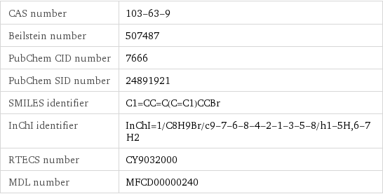 CAS number | 103-63-9 Beilstein number | 507487 PubChem CID number | 7666 PubChem SID number | 24891921 SMILES identifier | C1=CC=C(C=C1)CCBr InChI identifier | InChI=1/C8H9Br/c9-7-6-8-4-2-1-3-5-8/h1-5H, 6-7H2 RTECS number | CY9032000 MDL number | MFCD00000240