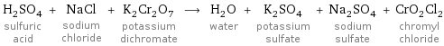 H_2SO_4 sulfuric acid + NaCl sodium chloride + K_2Cr_2O_7 potassium dichromate ⟶ H_2O water + K_2SO_4 potassium sulfate + Na_2SO_4 sodium sulfate + CrO_2Cl_2 chromyl chloride
