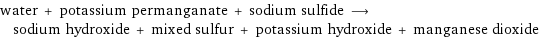 water + potassium permanganate + sodium sulfide ⟶ sodium hydroxide + mixed sulfur + potassium hydroxide + manganese dioxide