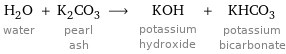 H_2O water + K_2CO_3 pearl ash ⟶ KOH potassium hydroxide + KHCO_3 potassium bicarbonate