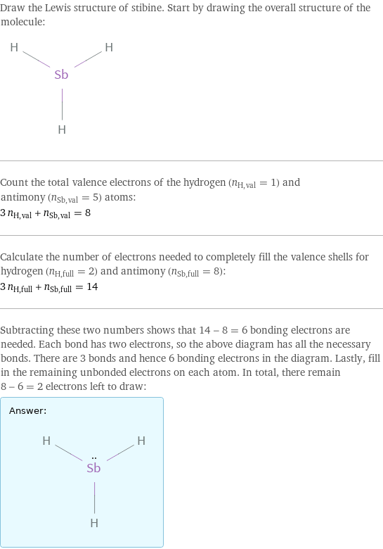 Draw the Lewis structure of stibine. Start by drawing the overall structure of the molecule:  Count the total valence electrons of the hydrogen (n_H, val = 1) and antimony (n_Sb, val = 5) atoms: 3 n_H, val + n_Sb, val = 8 Calculate the number of electrons needed to completely fill the valence shells for hydrogen (n_H, full = 2) and antimony (n_Sb, full = 8): 3 n_H, full + n_Sb, full = 14 Subtracting these two numbers shows that 14 - 8 = 6 bonding electrons are needed. Each bond has two electrons, so the above diagram has all the necessary bonds. There are 3 bonds and hence 6 bonding electrons in the diagram. Lastly, fill in the remaining unbonded electrons on each atom. In total, there remain 8 - 6 = 2 electrons left to draw: Answer: |   | 