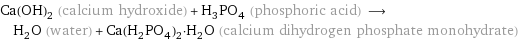 Ca(OH)_2 (calcium hydroxide) + H_3PO_4 (phosphoric acid) ⟶ H_2O (water) + Ca(H_2PO_4)_2·H_2O (calcium dihydrogen phosphate monohydrate)