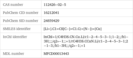 CAS number | 112426-02-5 PubChem CID number | 16212041 PubChem SID number | 24859429 SMILES identifier | [Li+].C1=CS[C-]=C1.C(=[N-])=[Cu] InChI identifier | InChI=1/C4H3S.CN.Cu.Li/c1-2-4-5-3-1;1-2;;/h1-3H;;;/q2*-1;;+1/rC4H3S.CCuN.Li/c1-2-4-5-3-1;2-1-3;/h1-3H;;/q2*-1;+1 MDL number | MFCD00013443