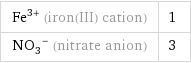 Fe^(3+) (iron(III) cation) | 1 (NO_3)^- (nitrate anion) | 3