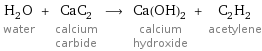H_2O water + CaC_2 calcium carbide ⟶ Ca(OH)_2 calcium hydroxide + C_2H_2 acetylene