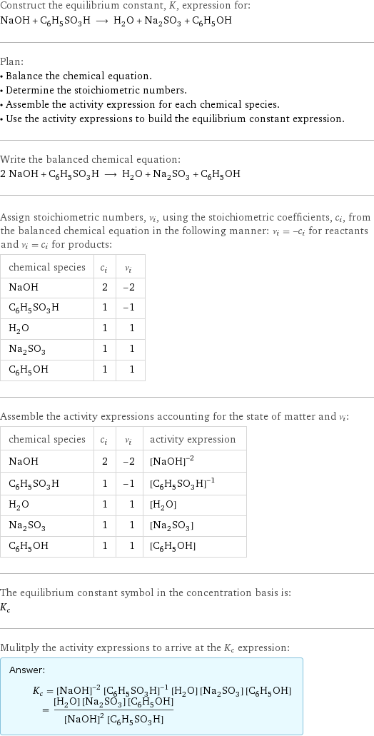 Construct the equilibrium constant, K, expression for: NaOH + C_6H_5SO_3H ⟶ H_2O + Na_2SO_3 + C_6H_5OH Plan: • Balance the chemical equation. • Determine the stoichiometric numbers. • Assemble the activity expression for each chemical species. • Use the activity expressions to build the equilibrium constant expression. Write the balanced chemical equation: 2 NaOH + C_6H_5SO_3H ⟶ H_2O + Na_2SO_3 + C_6H_5OH Assign stoichiometric numbers, ν_i, using the stoichiometric coefficients, c_i, from the balanced chemical equation in the following manner: ν_i = -c_i for reactants and ν_i = c_i for products: chemical species | c_i | ν_i NaOH | 2 | -2 C_6H_5SO_3H | 1 | -1 H_2O | 1 | 1 Na_2SO_3 | 1 | 1 C_6H_5OH | 1 | 1 Assemble the activity expressions accounting for the state of matter and ν_i: chemical species | c_i | ν_i | activity expression NaOH | 2 | -2 | ([NaOH])^(-2) C_6H_5SO_3H | 1 | -1 | ([C6H5SO3H])^(-1) H_2O | 1 | 1 | [H2O] Na_2SO_3 | 1 | 1 | [Na2SO3] C_6H_5OH | 1 | 1 | [C6H5OH] The equilibrium constant symbol in the concentration basis is: K_c Mulitply the activity expressions to arrive at the K_c expression: Answer: |   | K_c = ([NaOH])^(-2) ([C6H5SO3H])^(-1) [H2O] [Na2SO3] [C6H5OH] = ([H2O] [Na2SO3] [C6H5OH])/(([NaOH])^2 [C6H5SO3H])