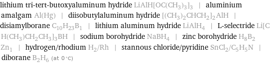 lithium tri-tert-butoxyaluminum hydride LiAlH[OC(CH_3)_3]_3 | aluminium amalgam Al(Hg) | diisobutylaluminum hydride [(CH_3)_2CHCH_2]_2AlH | disiamylborane C_10H_23B_1 | lithium aluminum hydride LiAlH_4 | L-selectride Li[CH(CH_3)CH_2CH_3]_3BH | sodium borohydride NaBH_4 | zinc borohydride H_8B_2Zn_1 | hydrogen/rhodium H_2/Rh | stannous chloride/pyridine SnCl_2/C_5H_5N | diborane B_2H_6 (at 0 °C)