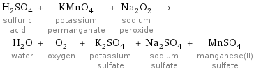 H_2SO_4 sulfuric acid + KMnO_4 potassium permanganate + Na_2O_2 sodium peroxide ⟶ H_2O water + O_2 oxygen + K_2SO_4 potassium sulfate + Na_2SO_4 sodium sulfate + MnSO_4 manganese(II) sulfate