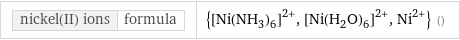 nickel(II) ions | formula | {([Ni(NH_3)_6])^(2+), ([Ni(H_2O)_6])^(2+), Ni^(2+)} ()