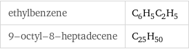ethylbenzene | C_6H_5C_2H_5 9-octyl-8-heptadecene | C_25H_50